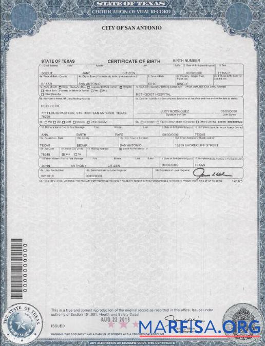 Downloadable USA Texas birth certificate download for verification